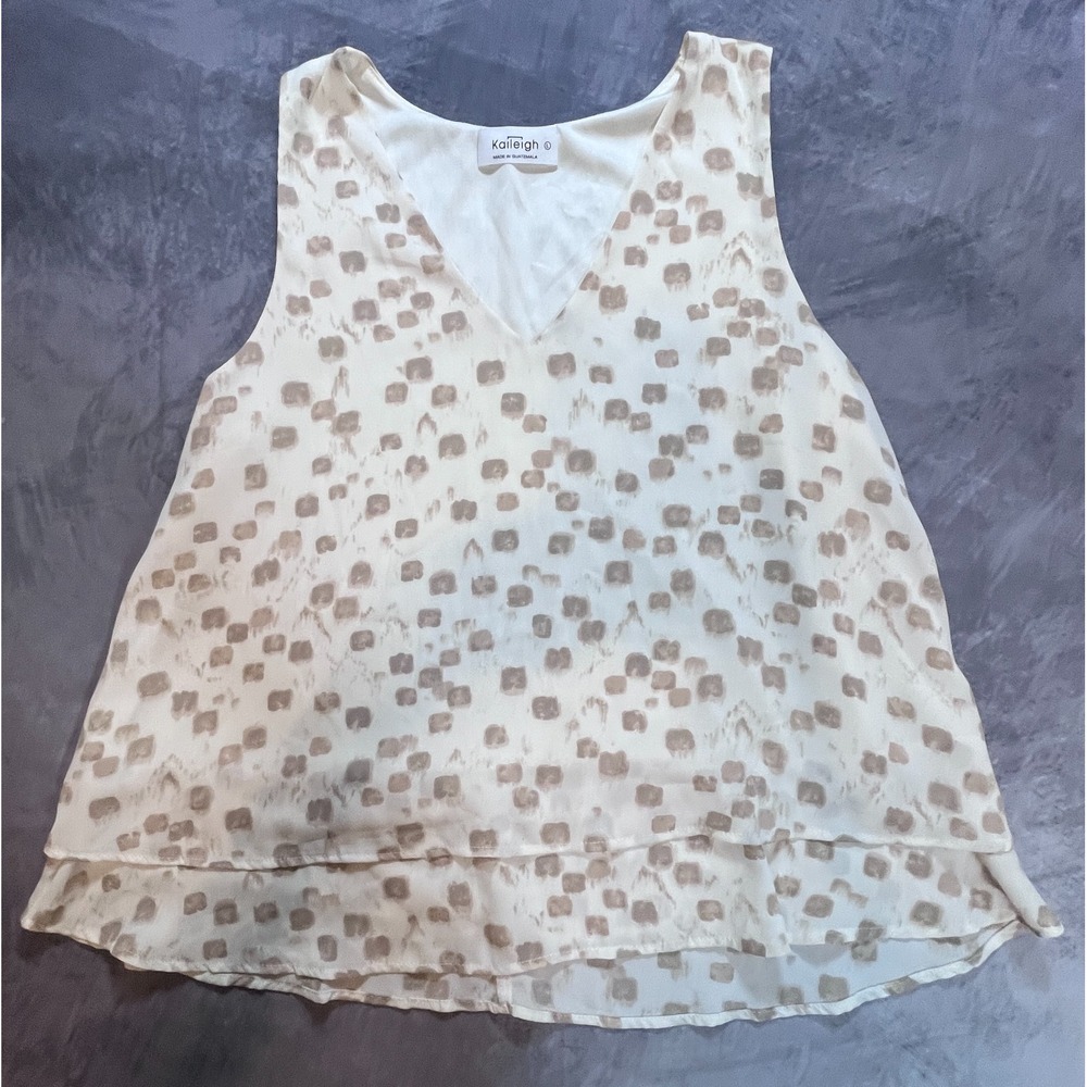 Kaileigh Blouse Top Womens L Cream Abstract Sleeveless V-Neck Layered Casual